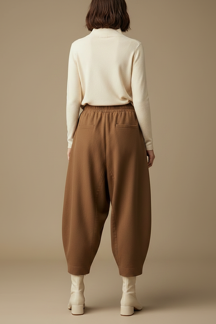 Pantalon Marron Harem Ample Taille Haute Confortable - Laine - vue 2