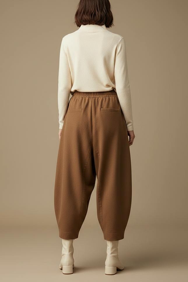 Pantalon Marron Harem Ample Taille Haute Confortable - Laine - vue 2