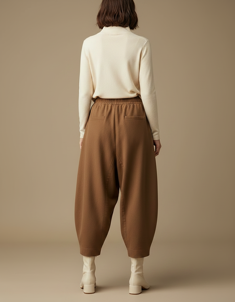 Pantalon Marron Harem Ample Taille Haute Confortable - Laine - vue 2