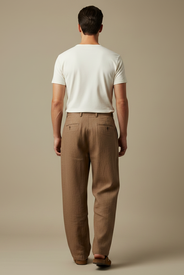 Pantalon Marron Ample Lin Coton Décontracté Droit - vue 2