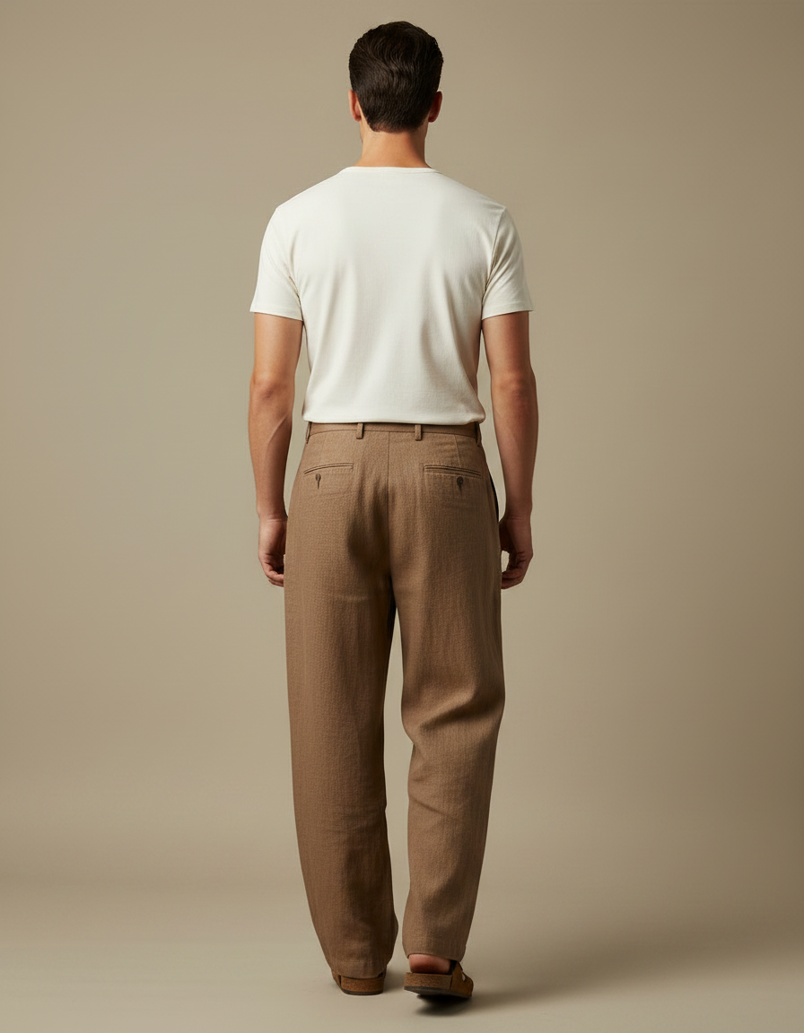 Pantalon Marron Ample Lin Coton Décontracté Droit - vue 2
