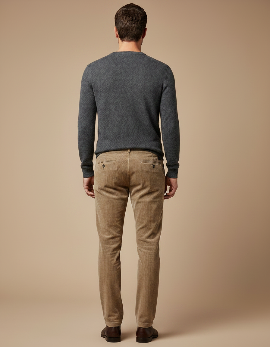 Pantalon Marron Côtelé Coupe Droite Homme Élégant - Camel Cordé - vue 2