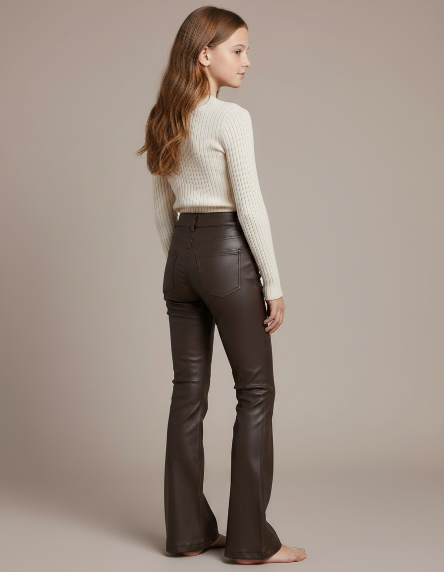Pantalon Marron Similicuir Évasé Taille Haute Fille - Simili cuir - vue 2