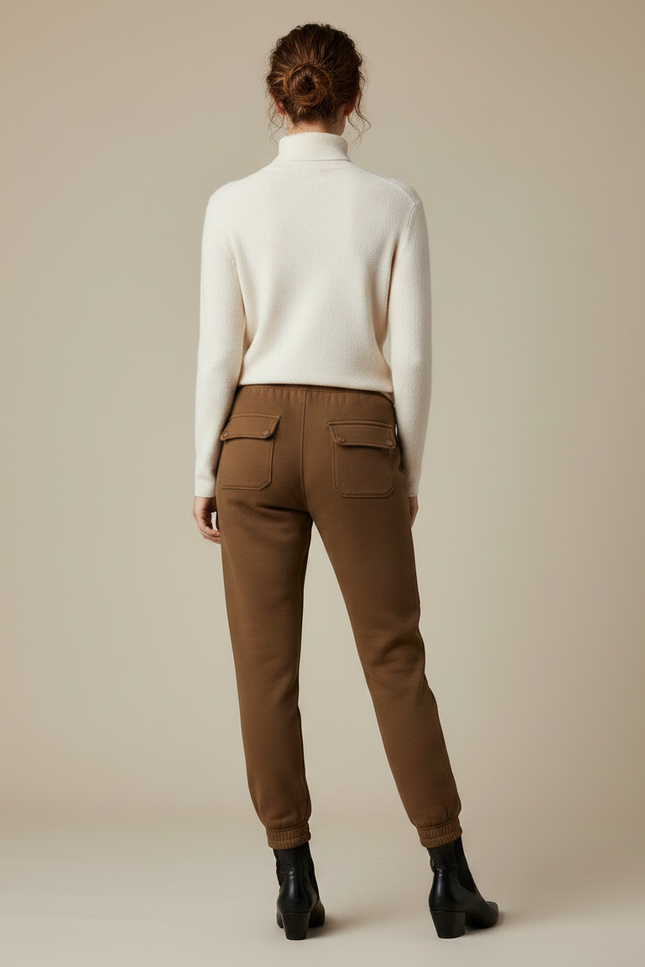 Pantalon Marron Cargo Molletonné Cordon Élastique Poches - vue 2