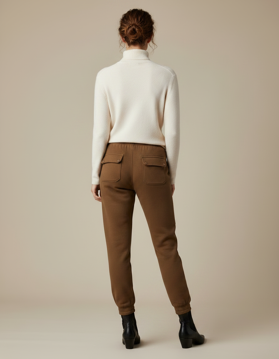 Pantalon Marron Cargo Molletonné Cordon Élastique Poches - vue 2