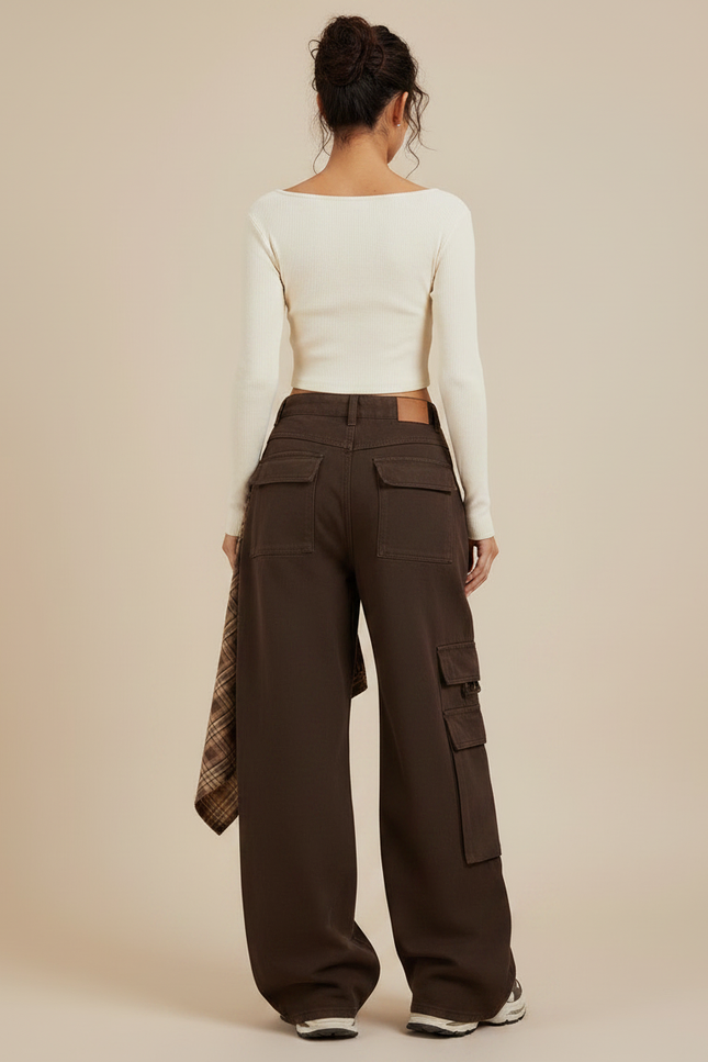 Pantalon Marron Cargo Plaid Ample Taille Haute - Toile - vue 2