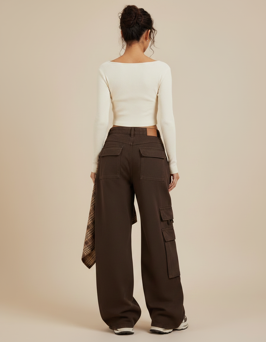 Pantalon Marron Cargo Plaid Ample Taille Haute - Toile - vue 2