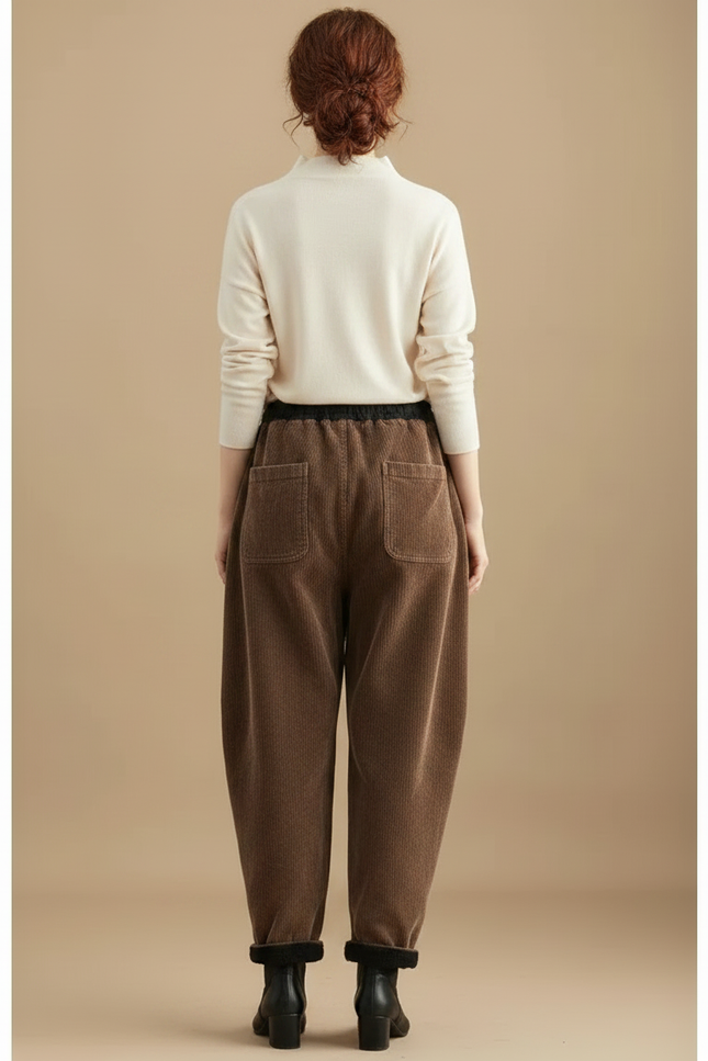 Pantalon Marron Côtelé Doublé Polaire Ample Hiver Femme - Cordé - vue 2