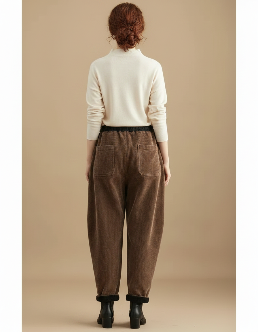 Pantalon Marron Côtelé Doublé Polaire Ample Hiver Femme - Cordé - vue 2