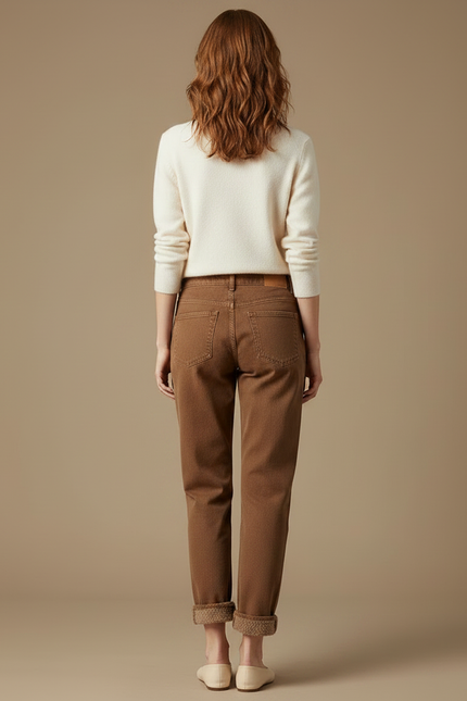 Pantalon Marron Doublé Polaire Ample Confortable Femme - Jean - vue 2