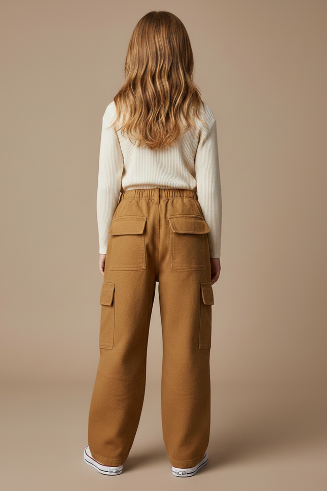 Pantalon Marron Cargo Ample Coton Enfant Poches - Camel - vue 2