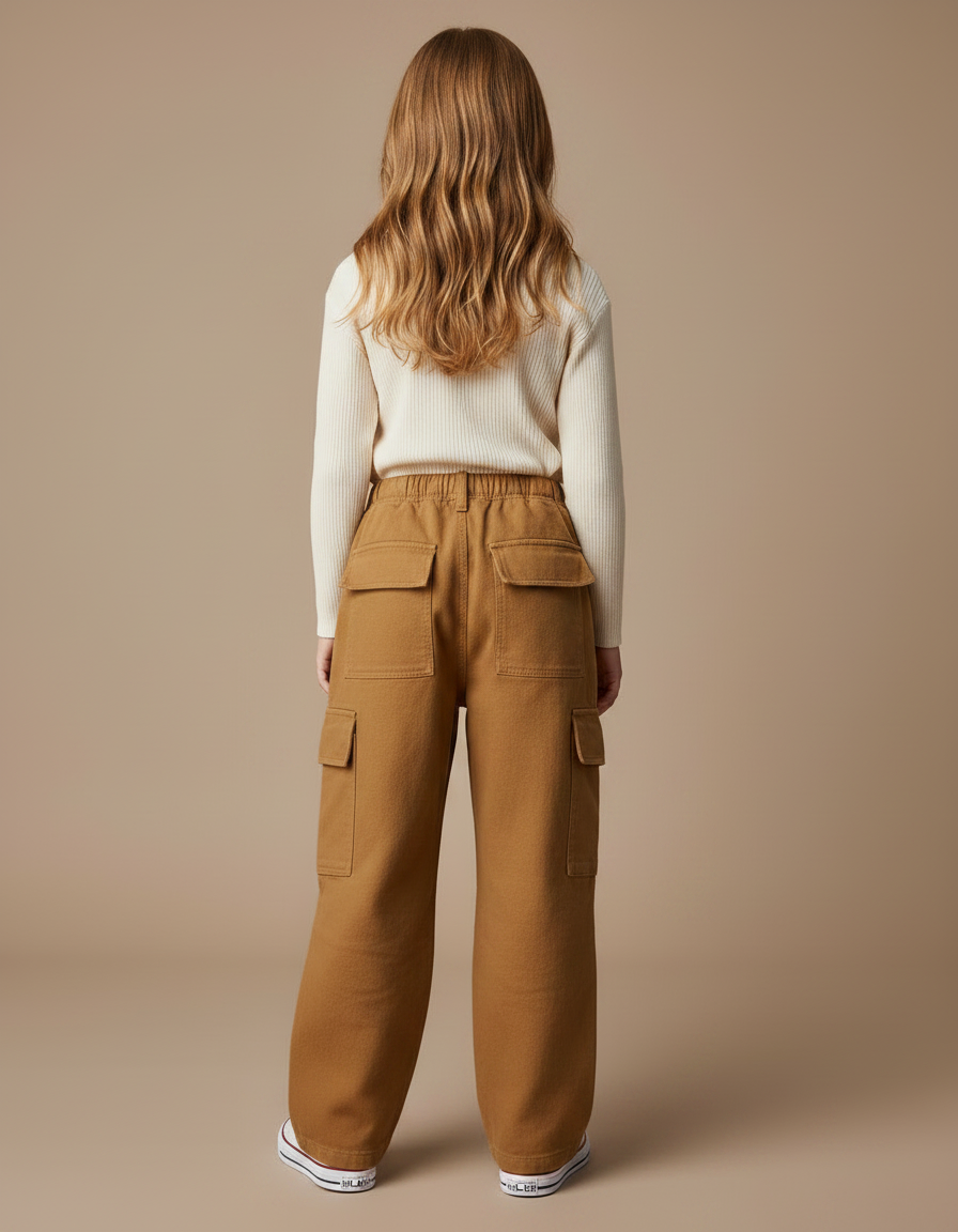 Pantalon Marron Cargo Ample Coton Enfant Poches - Camel - vue 2