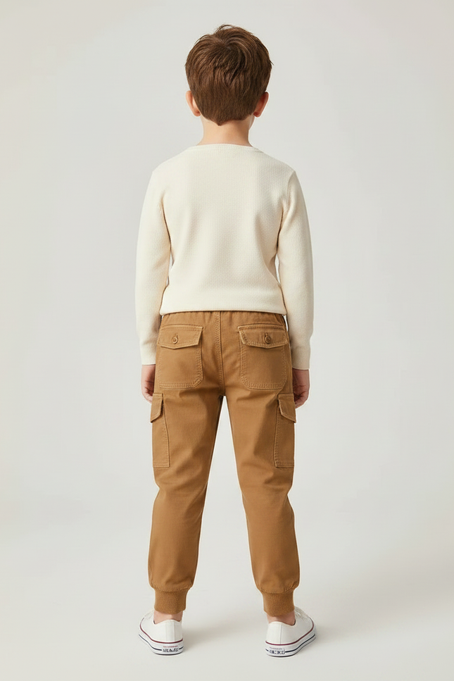 Pantalon Marron Cargo Coton Garçon Jogger Élastique - Camel - vue 2