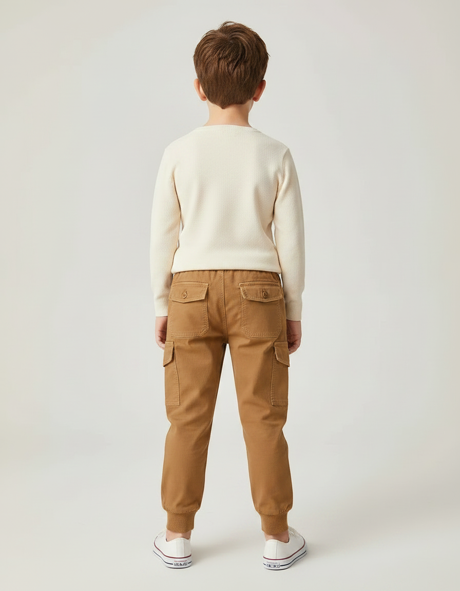 Pantalon Marron Cargo Coton Garçon Jogger Élastique - Camel - vue 2