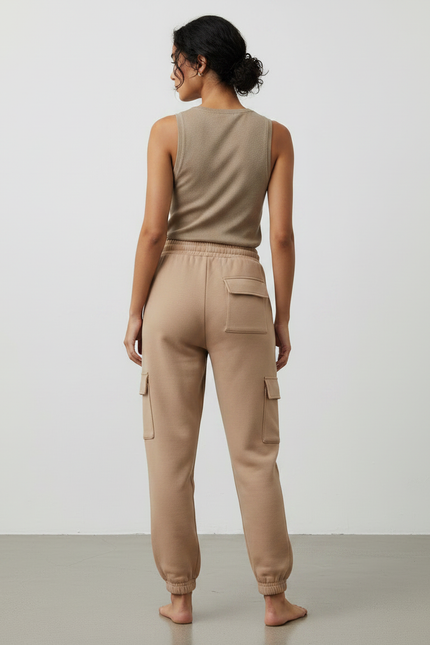Pantalon Marron Cargo Molletonné Ample Femme - Beige - vue 2