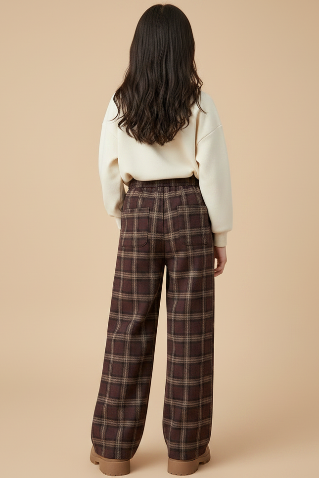 Pantalon Marron Carreaux Ample Hiver Fille Confortable - Tweed - vue 2