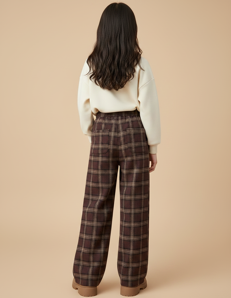 Pantalon Marron Carreaux Ample Hiver Fille Confortable - Tweed - vue 2