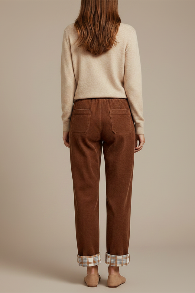 Pantalon Marron Côtelé Doublé Plaid Ample Décontracté - Cordé - vue 2