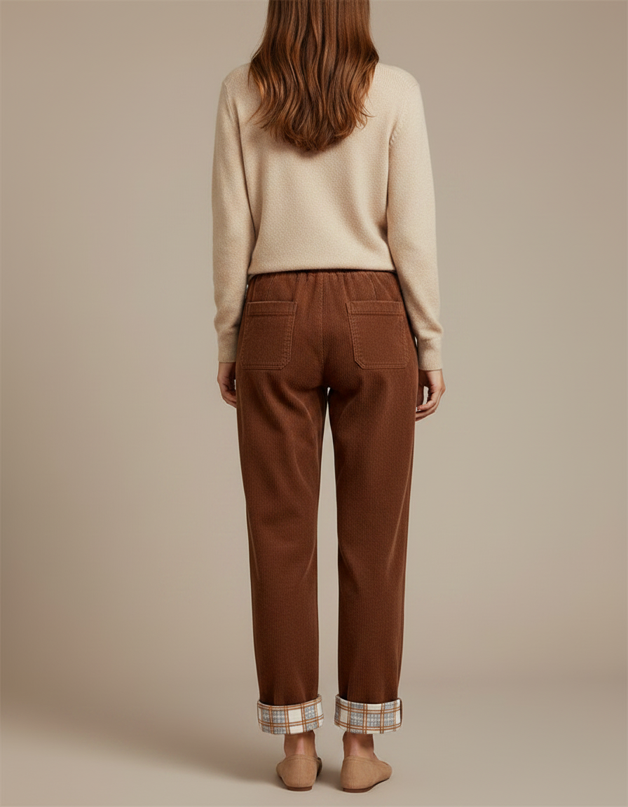 Pantalon Marron Côtelé Doublé Plaid Ample Décontracté - Cordé - vue 2