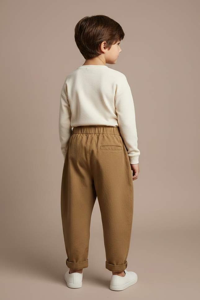 Pantalon Marron Ample Coton Plissé Taille Élastique - vue 2