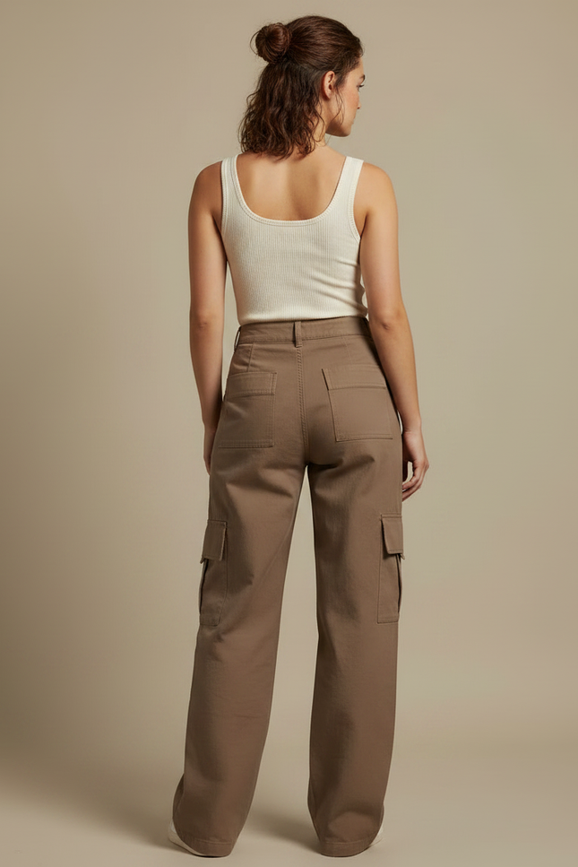 Pantalon Marron Cargo Ample Taille Haute Poches - Toile - vue 2