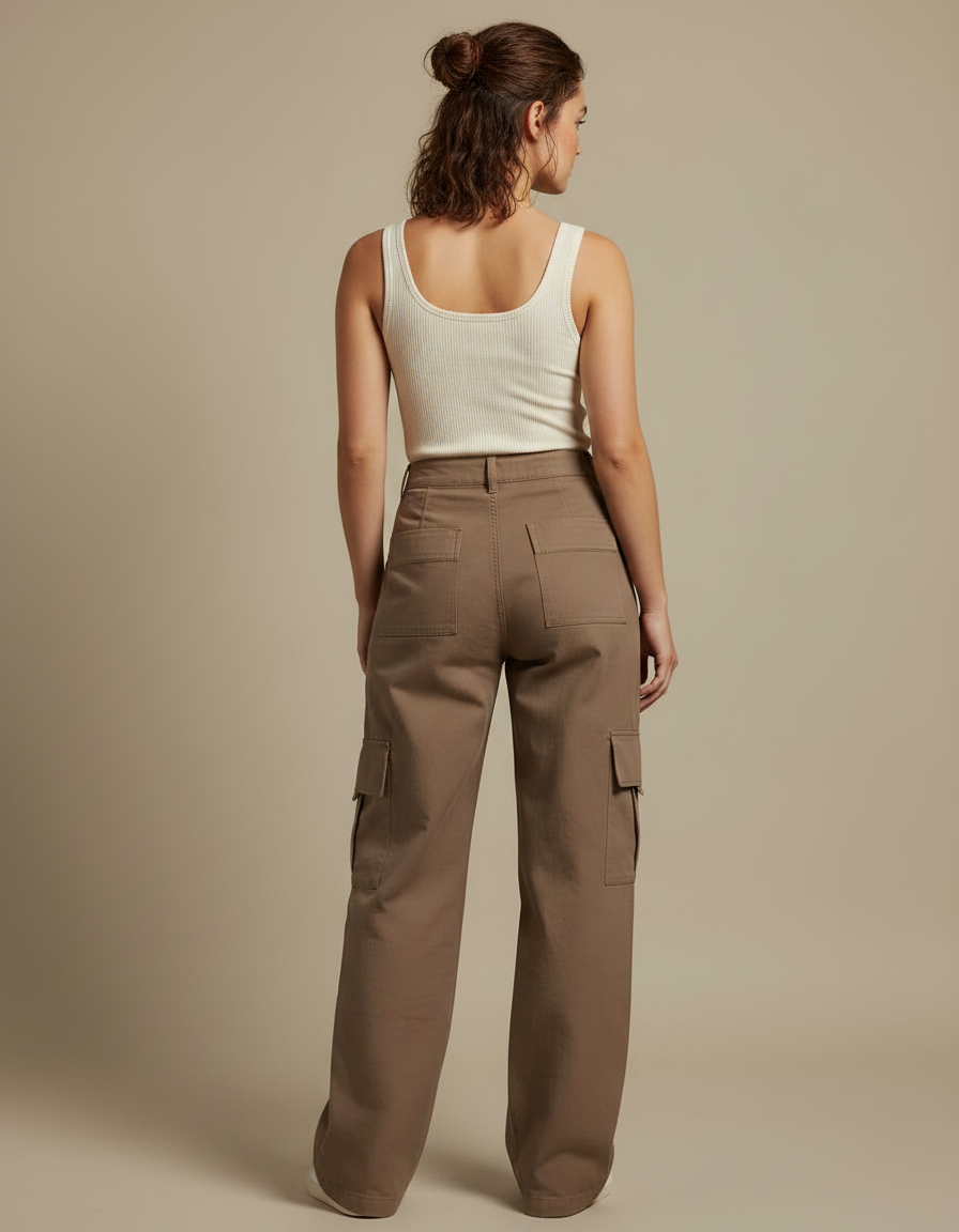 Pantalon Marron Cargo Ample Taille Haute Poches - Toile - vue 2