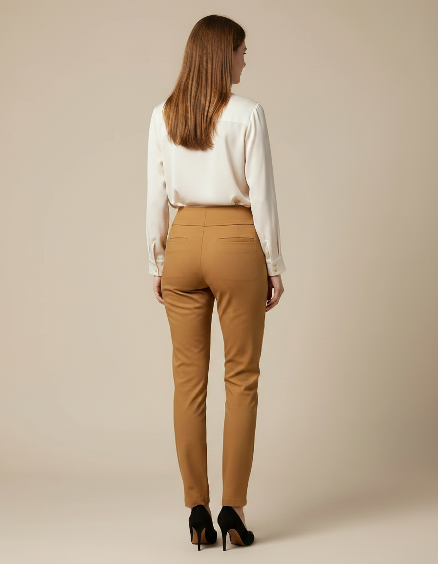 Pantalon Marron Slim Taille Haute Élégant Femme - Camel Polyester - vue 2