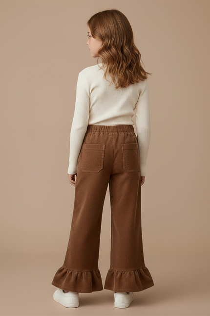 Pantalon Marron Côtelé Évasé Volants Confortable Fille - Cordé - vue 2