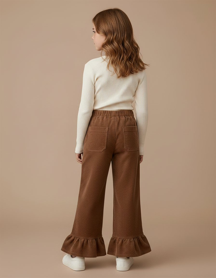 Pantalon Marron Côtelé Évasé Volants Confortable Fille - Cordé - vue 2