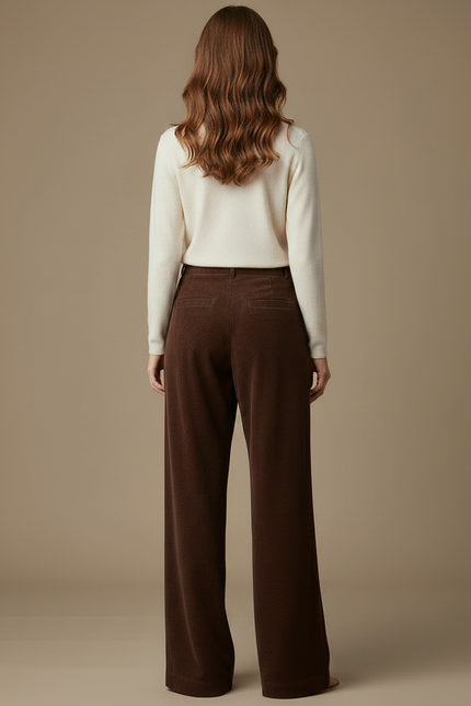 Pantalon Marron Ample Côtelé Taille Haute Femme - Cordé - vue 2