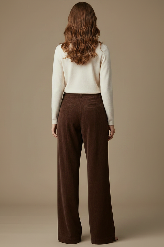 Pantalon Marron Ample Côtelé Taille Haute Femme - Cordé - vue 2
