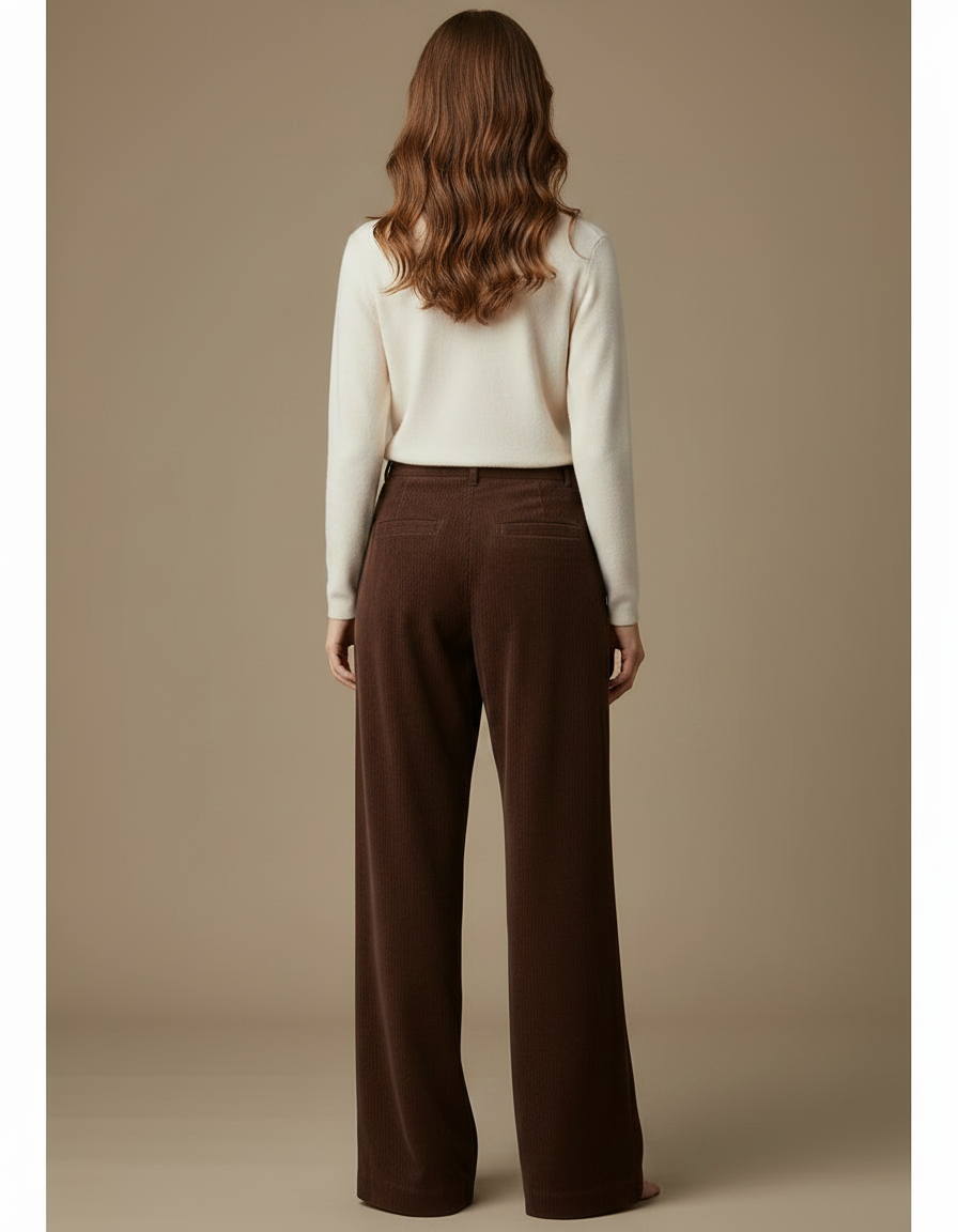 Pantalon Marron Ample Côtelé Taille Haute Femme - Cordé - vue 2