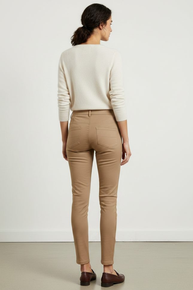 Pantalon Marron Slim Élastique Taille Haute Femme - Camel Gabardine - vue 2