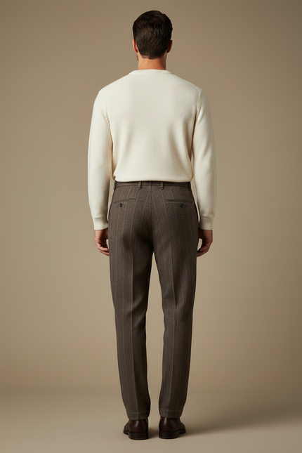 Pantalon Marron Rayé Droit Élégant Homme - Laine - vue 2