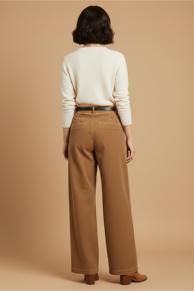 Pantalon Marron Côtelé Droit Ample Taille Haute Femme - Cordé - vue 2