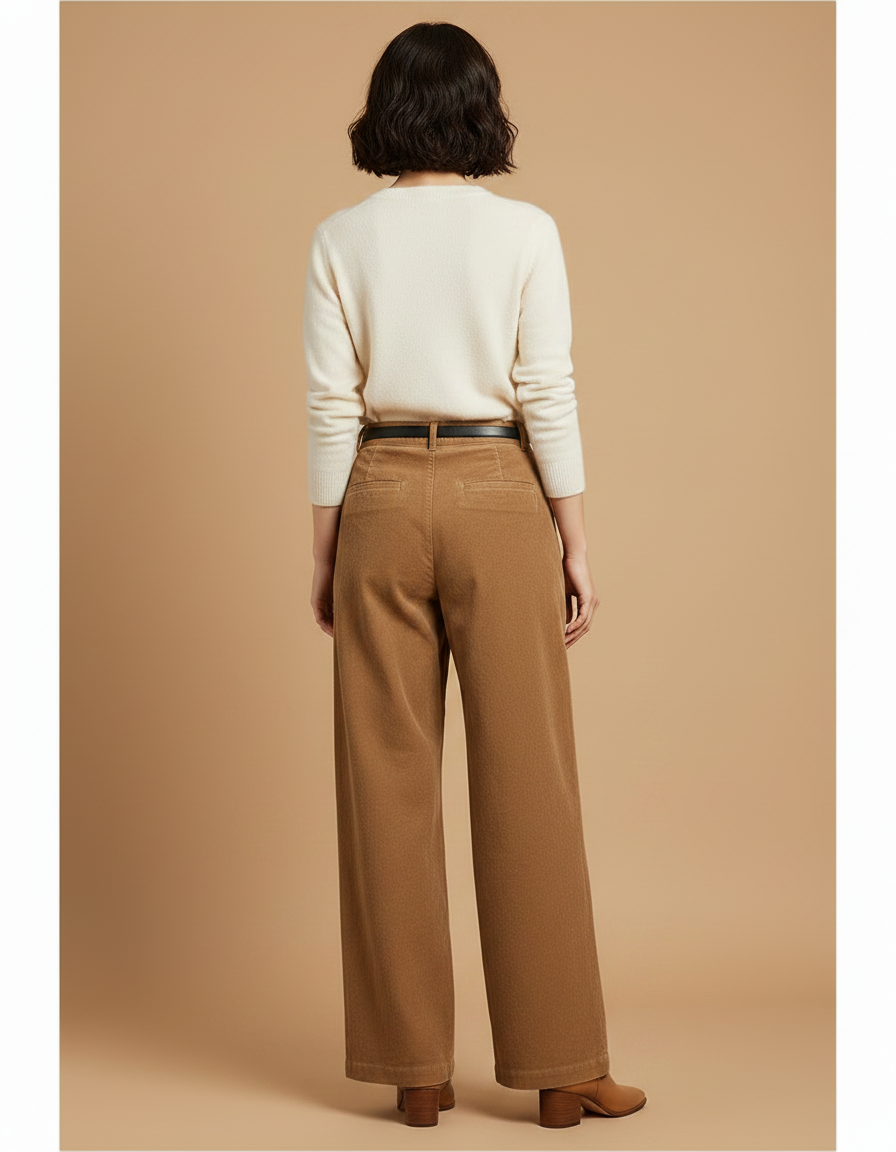 Pantalon Marron Côtelé Droit Ample Taille Haute Femme - Cordé - vue 2