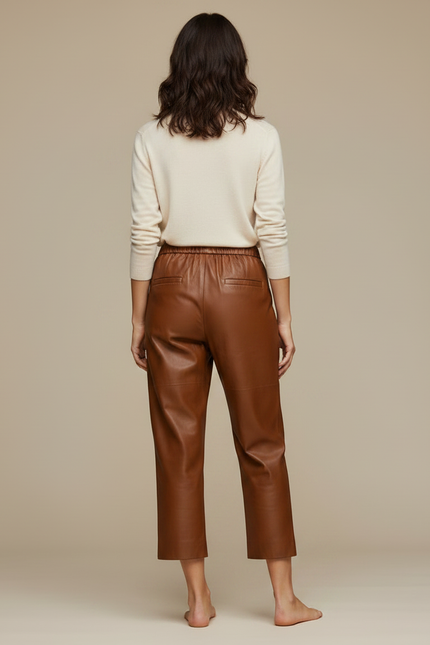 Pantalon Marron Cuir Ample Taille Élastique Élégant - vue 2