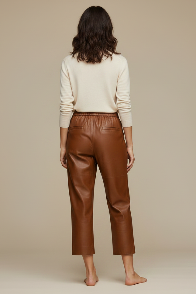 Pantalon Marron Cuir Ample Taille Élastique Élégant - vue 2