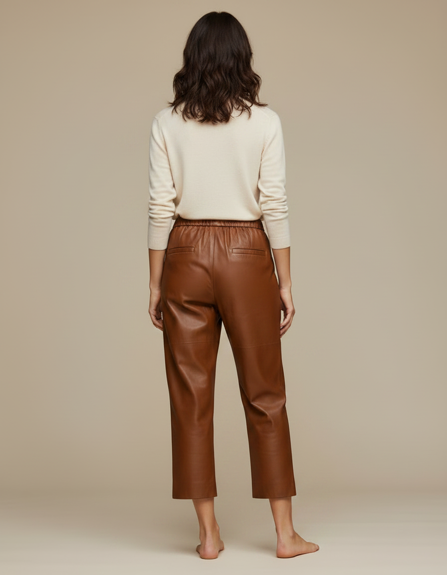 Pantalon Marron Cuir Ample Taille Élastique Élégant - vue 2