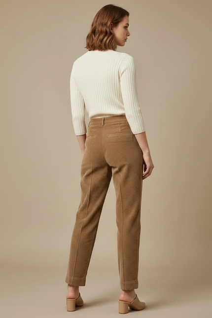 Pantalon Marron Côtelé Droit Taille Haute Femme - Cordé - vue 2