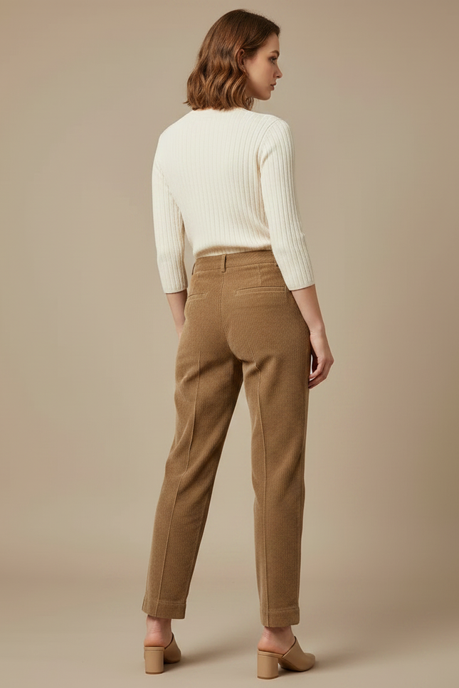 Pantalon Marron Côtelé Droit Taille Haute Femme - Cordé - vue 2