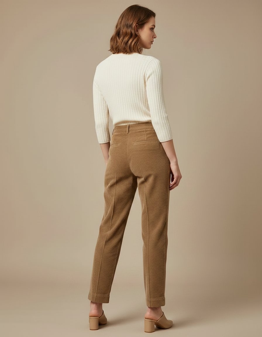 Pantalon Marron Côtelé Droit Taille Haute Femme - Cordé - vue 2
