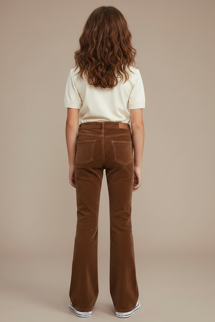Pantalon Marron Côtelé Évasé Taille Haute Confortable - Cordé - vue 2