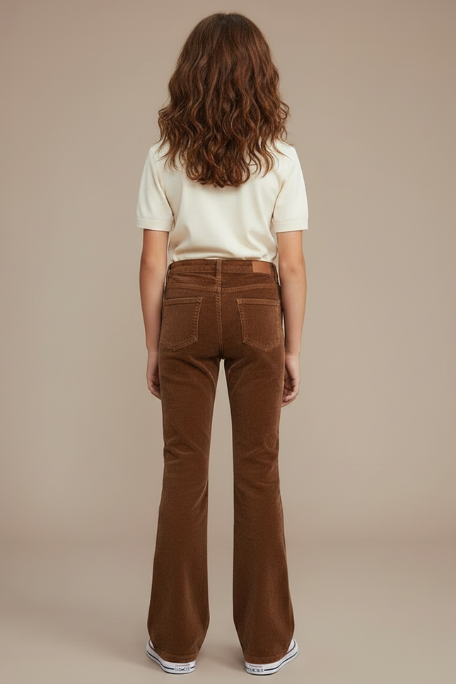 Pantalon Marron Côtelé Évasé Taille Haute Confortable - Cordé - vue 2