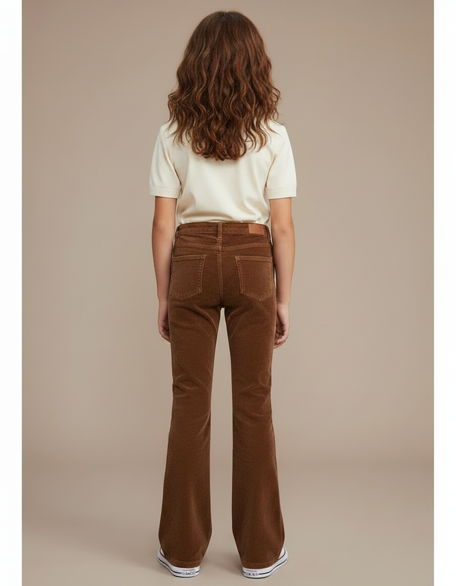 Pantalon Marron Côtelé Évasé Taille Haute Confortable - Cordé - vue 2