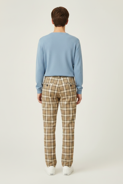 Pantalon Marron Carreaux Écossais Taille Haute Décontracté - Gabardine - vue 2