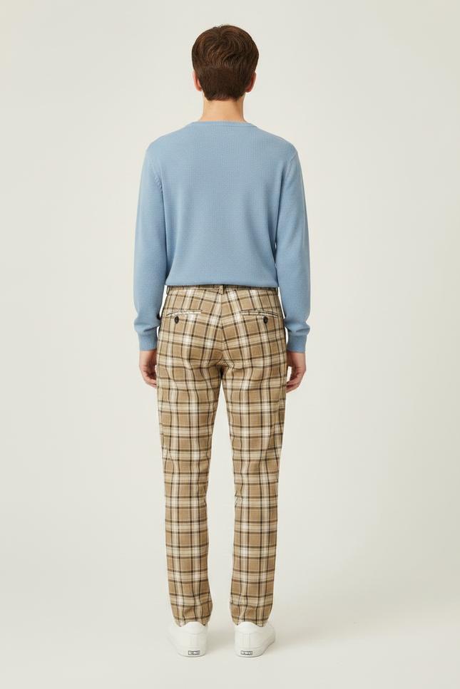 Pantalon Marron Carreaux Écossais Taille Haute Décontracté - Gabardine - vue 2