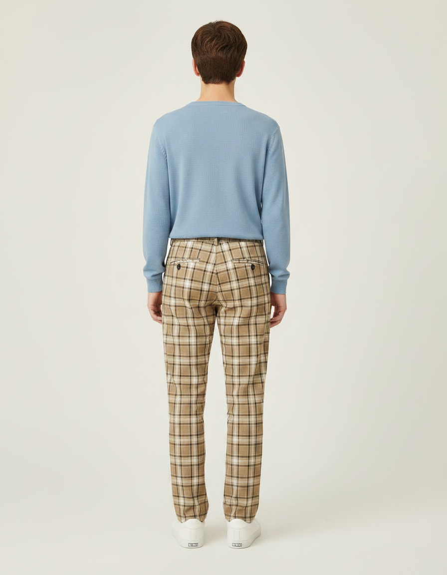 Pantalon Marron Carreaux Écossais Taille Haute Décontracté - Gabardine - vue 2