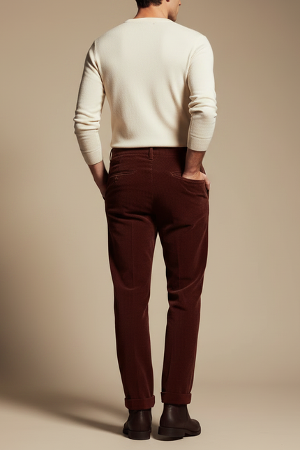 Pantalon Marron Côtelé Coupe Droite Élégant Homme - Bordeaux Cordé - vue 2