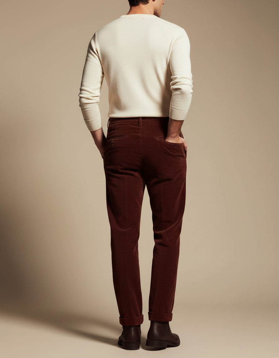 Pantalon Marron Côtelé Coupe Droite Élégant Homme - Bordeaux Cordé - vue 2